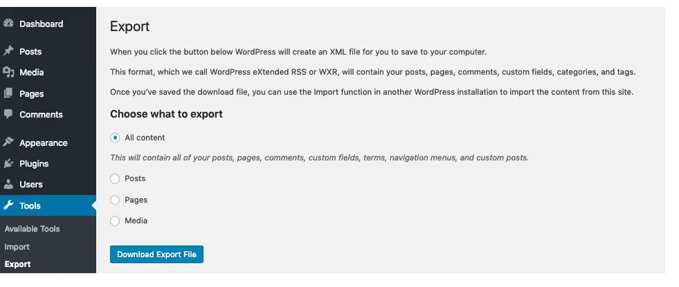 Экран экспорта контента WordPress